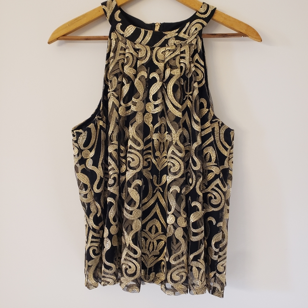 Romeo & Juliet Couture Brocade Black & Gold Halter Top Size XL